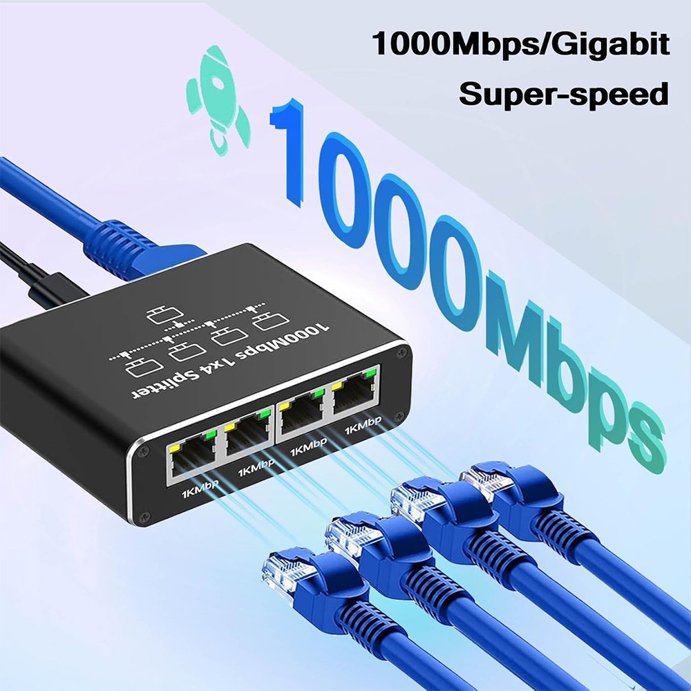 RJ45 Gigabit Ethernet Splitter 1 to 4 Out Adapter 1000Mbps LAN Network Internet