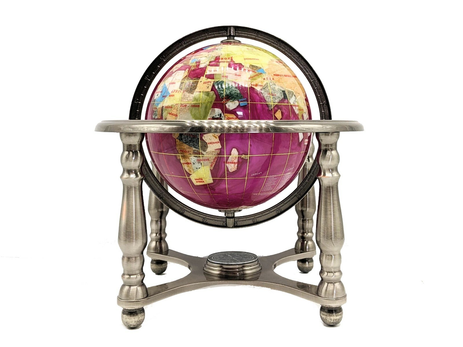 10" Tall Pink Pearl Swirl Zinc Alloy 4 leg table stand Gemstone World globe Map