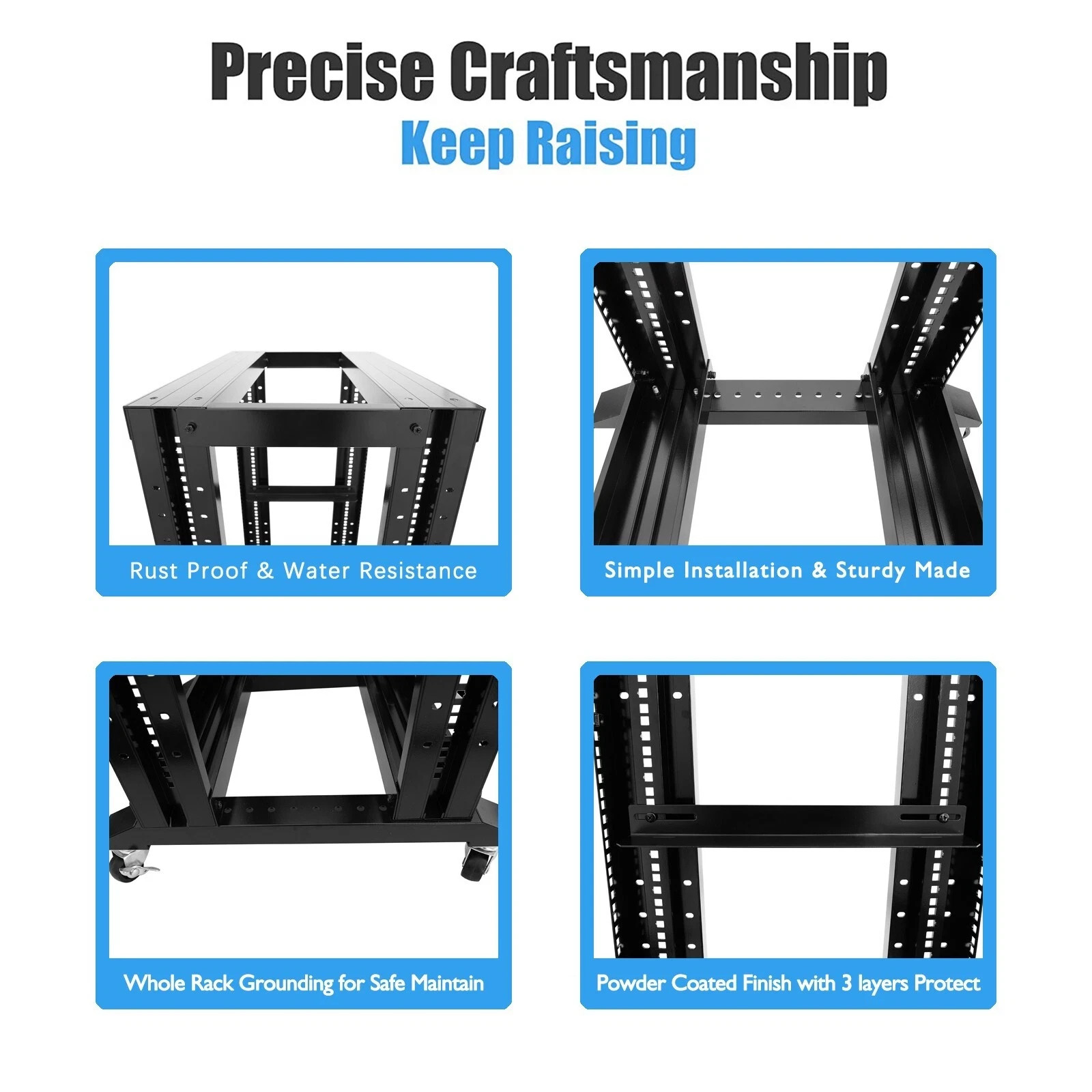 15U 4 Post Open Frame 19" Server Steel Rack 24" Deep With Supporting rails