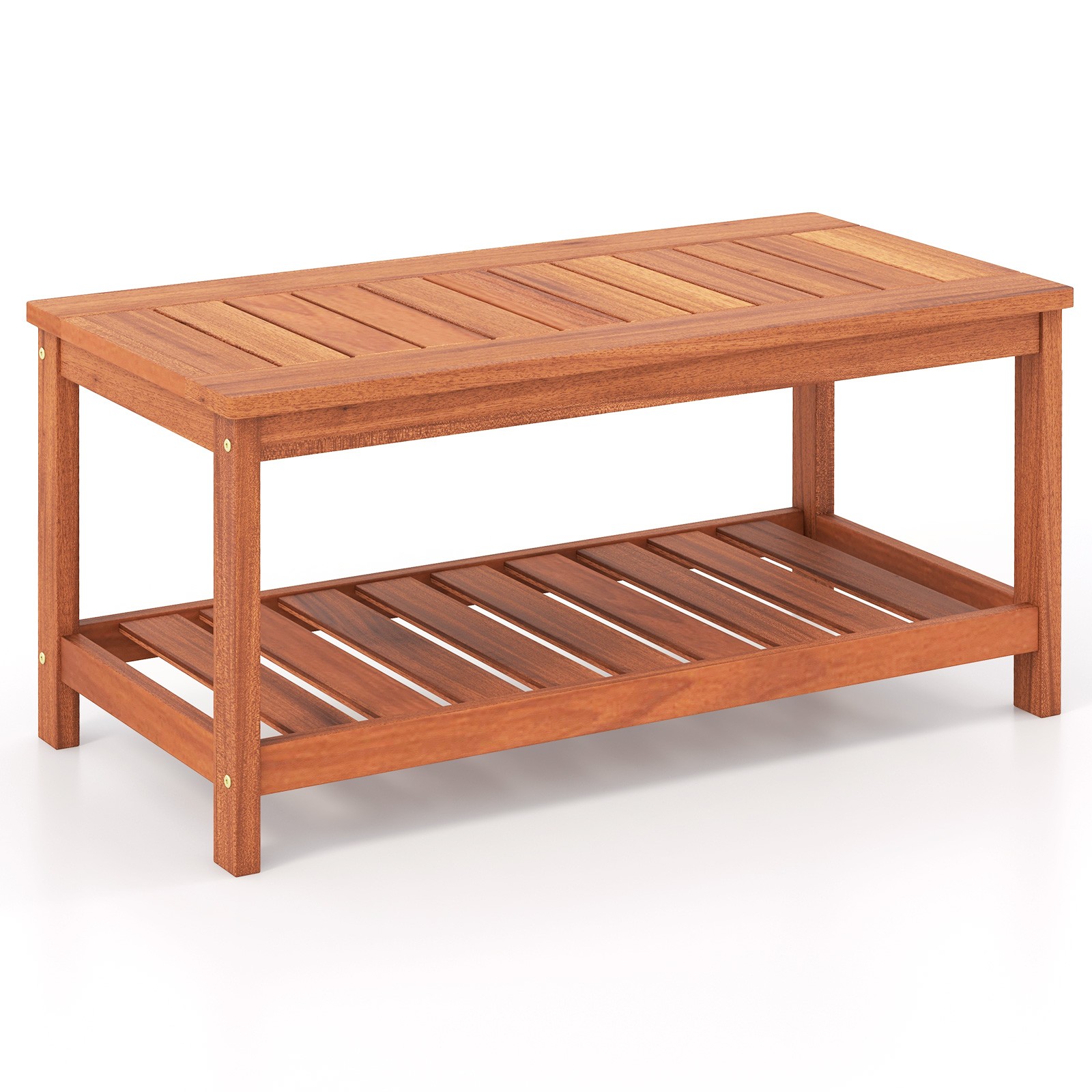 2-Tier Outdoor Side Rectangle Side Table Patio Coffee Table Solid Wood Porch