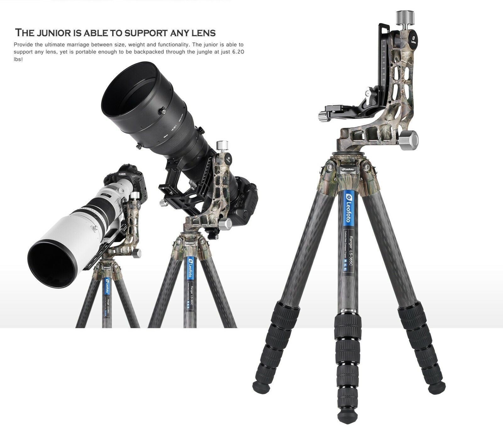 Leofoto LS-365C + PG-1 Camouflage Carbon Fiber Tripod + Gimbal Head