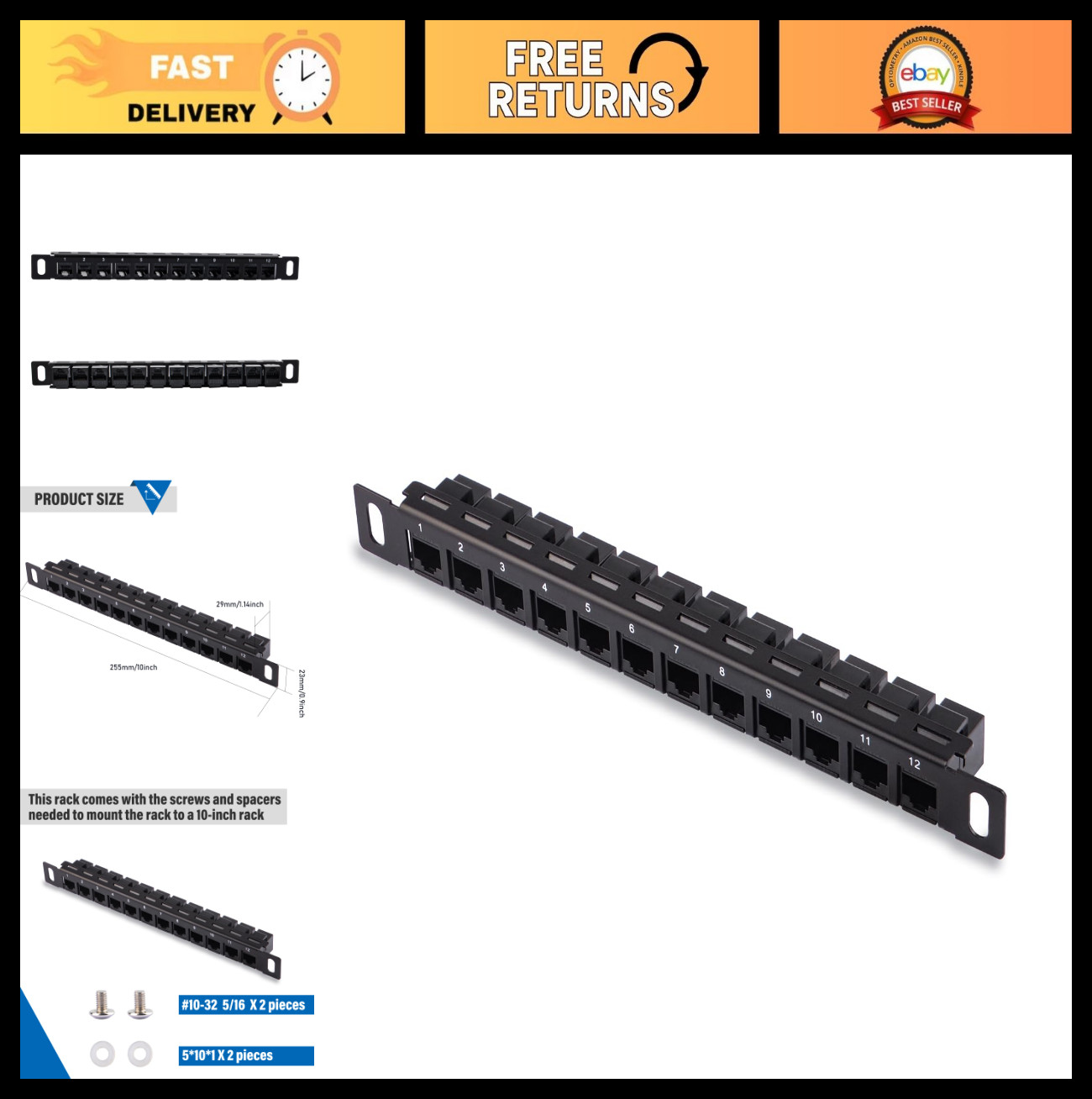 12 Port CAT6 Network Patch Panel 10" 0.5U for Server Rack & Cabinet - DeskPi Com