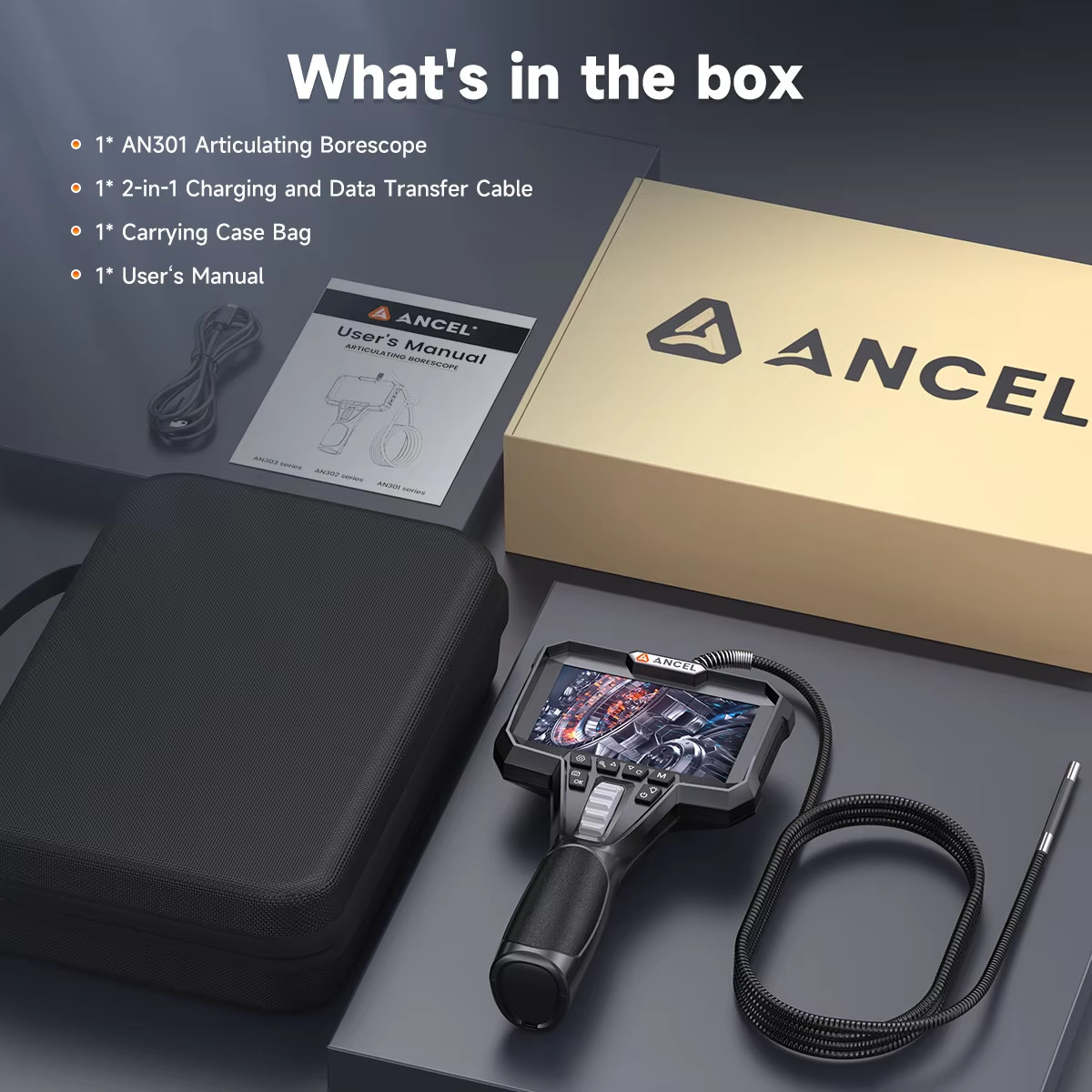 ANCEL Borescope Inspection Camera 360° Endoscope Camera with Screen 4.3inch LCD