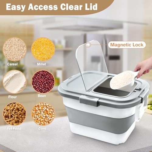 Airtight Collapsible Rice Storage Container 10-40 Lbs, Pet Food Bin with Scoop
