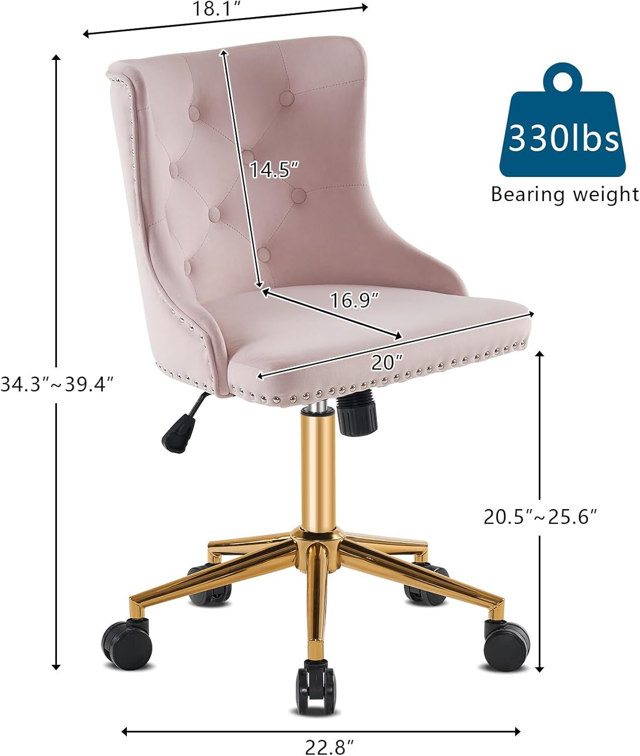 Light Pink Velvet Armless Home Office Desk Chair with Gold Base/Wheels