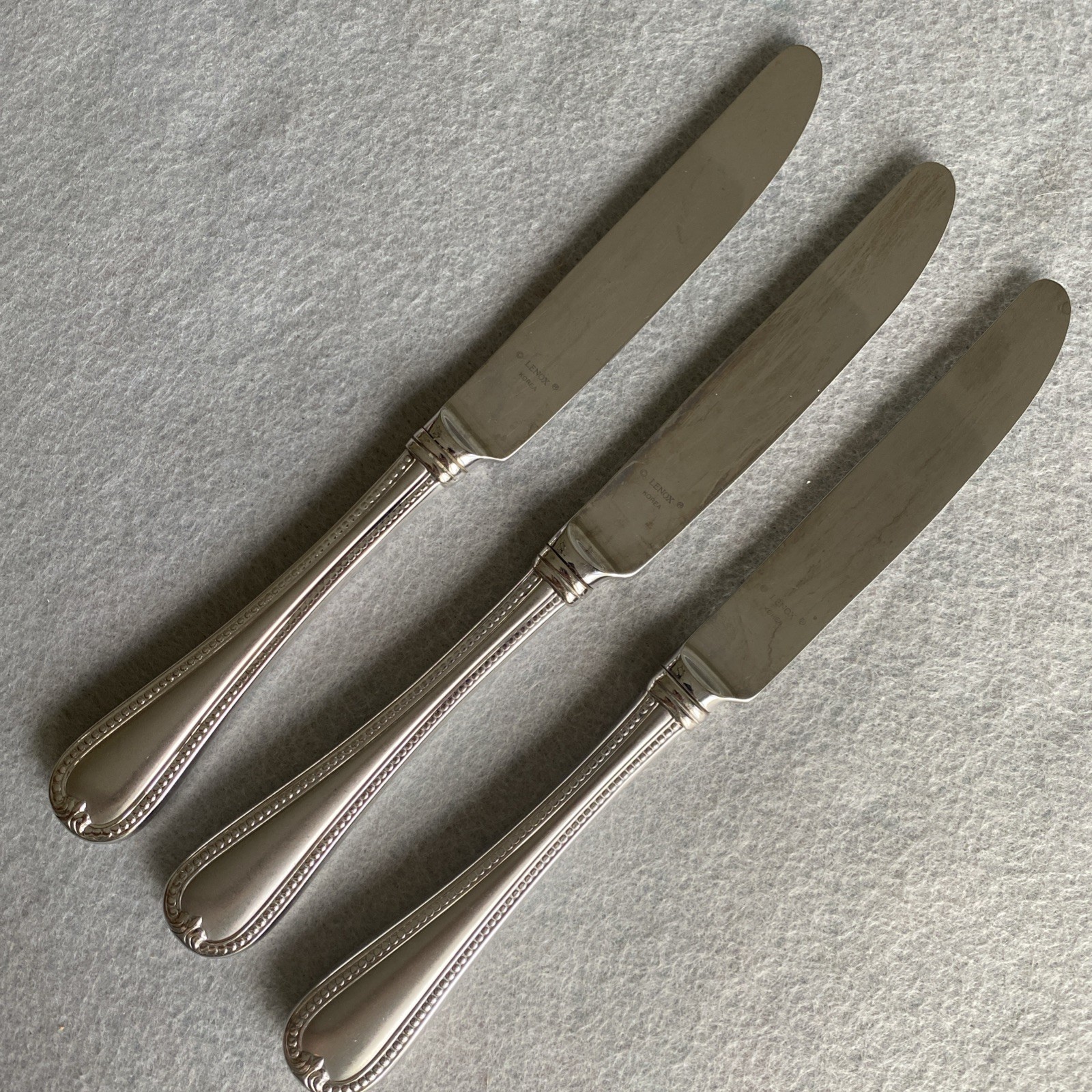 Lenox Bead Beaded Plume Dinner  Knives 9.5” Glossy Stainless 18/8 Set of 3