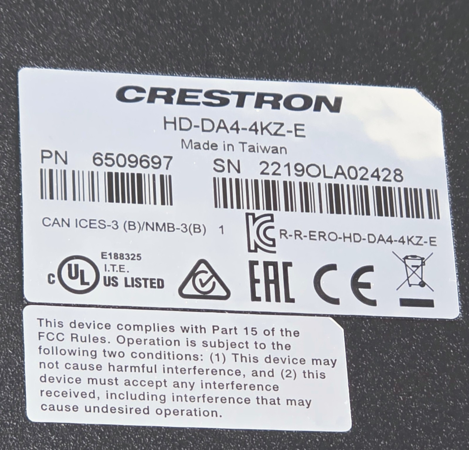 CRESTRON HD-DA4-4KZ-E Distribution Amplifier 6509697