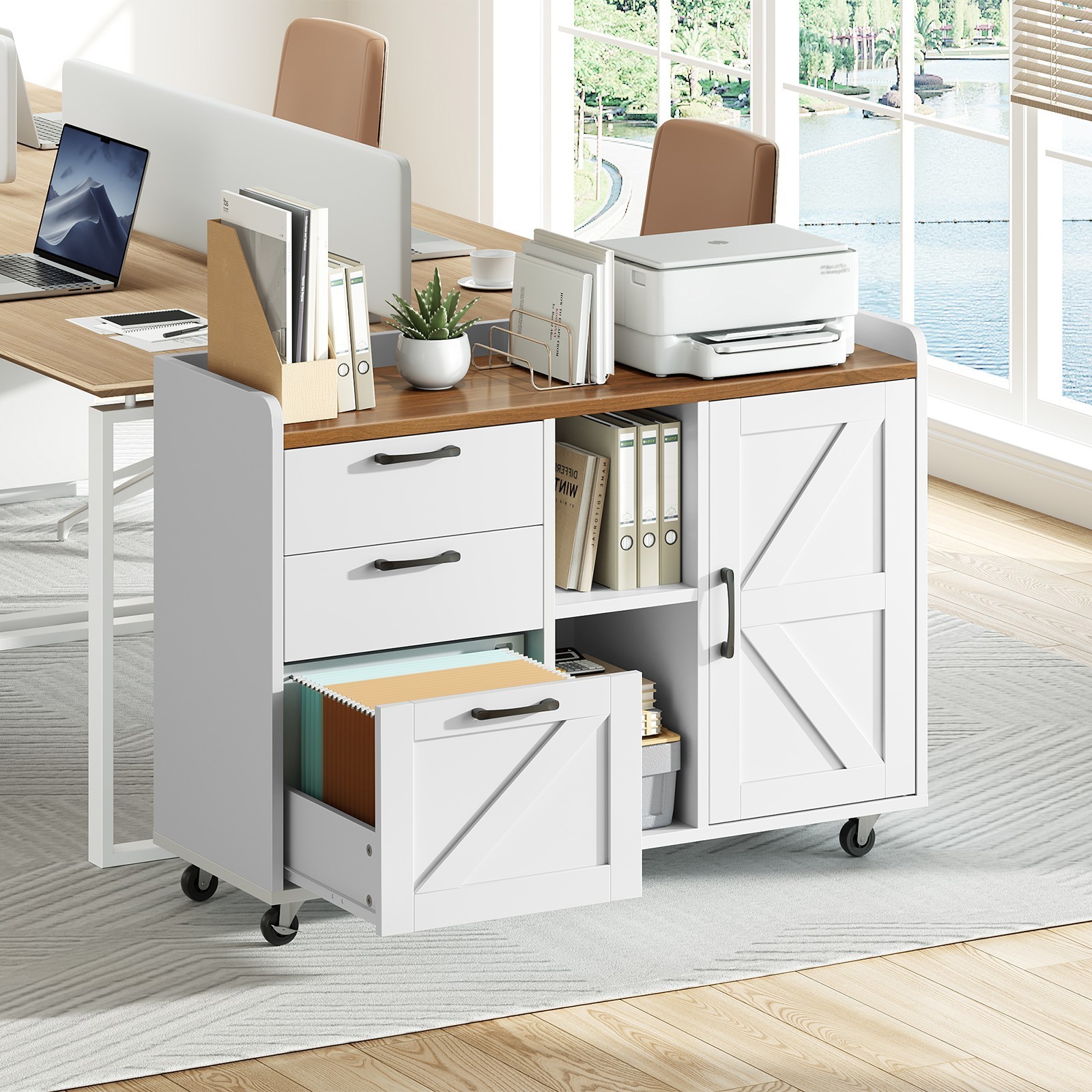 HOOBRO Farmhouse Filing Cabinet Lateral File Cabinet with 3 Drawers and Door