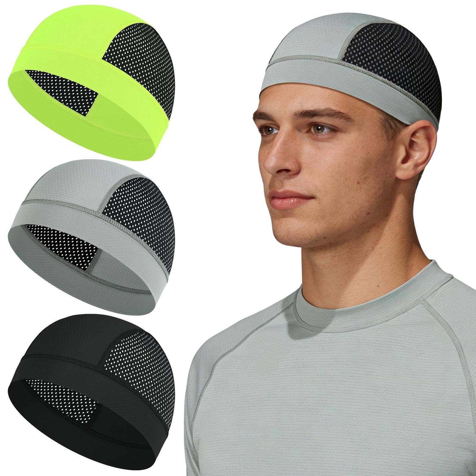 Qearl 3 Pcs Cooling Skull Caps One Size, Black+dark Gray+fluorescent Green