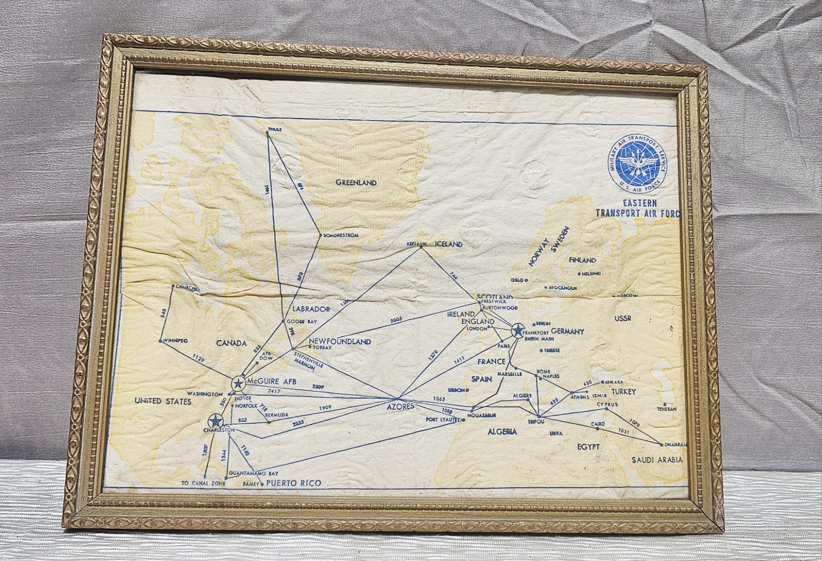 Vintage 1959 USAF MATS Eastern Transport Air Force Route Map Framed 9x12Cold War