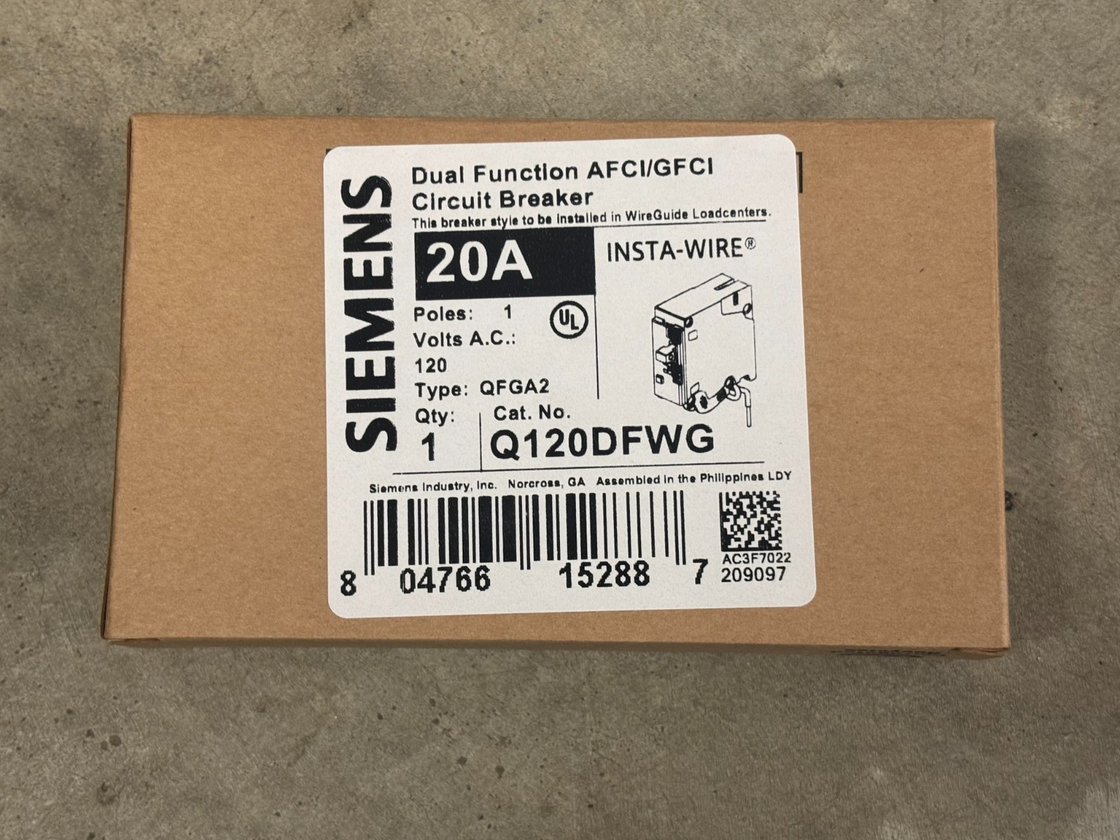 NEW IN BOX SIEMENS Q120DFWG 1 POLE  20 AMP DUAL FUNCTION BREAKER AFCI / GFCI