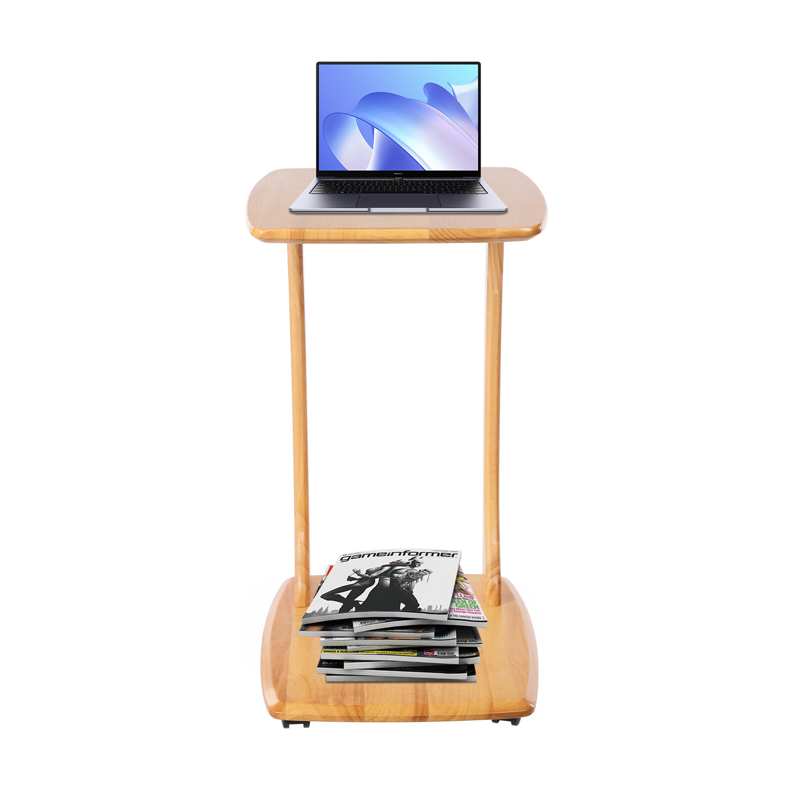 C-Shaped Side Table Floor Standing Solid Wood End Table With Wheels 24.8 inches