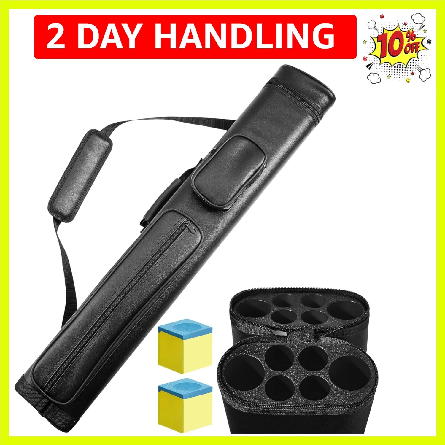 Durable PU Leather Oval Billiard Cue Case with Adjustable Strap & 2 Chalk Cubes