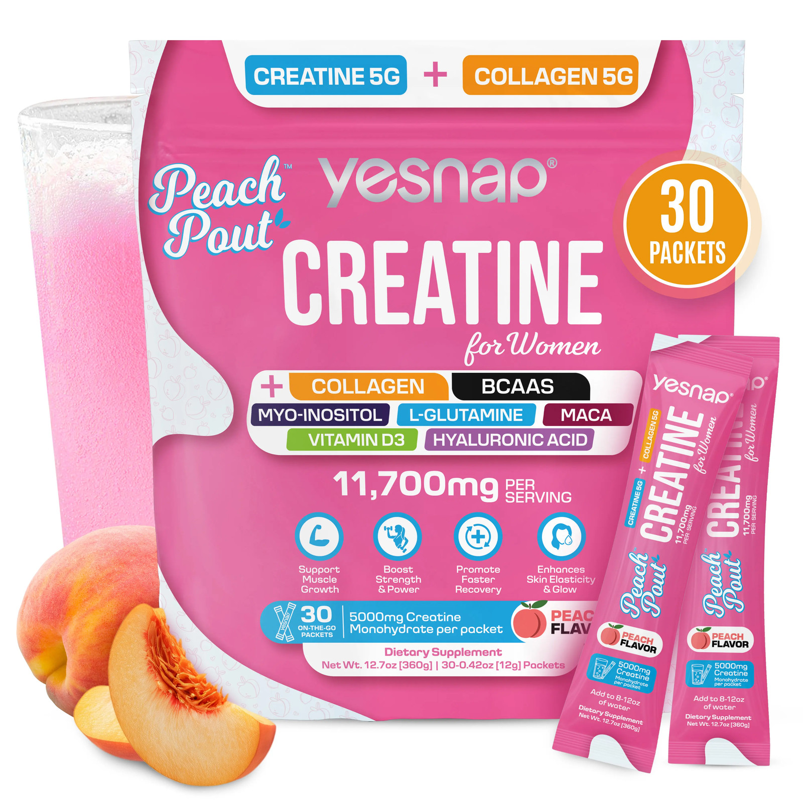 YESNAP Peachpout Creatine for Women, 5G Creatine Monohydrate + 5G Collagen Powde