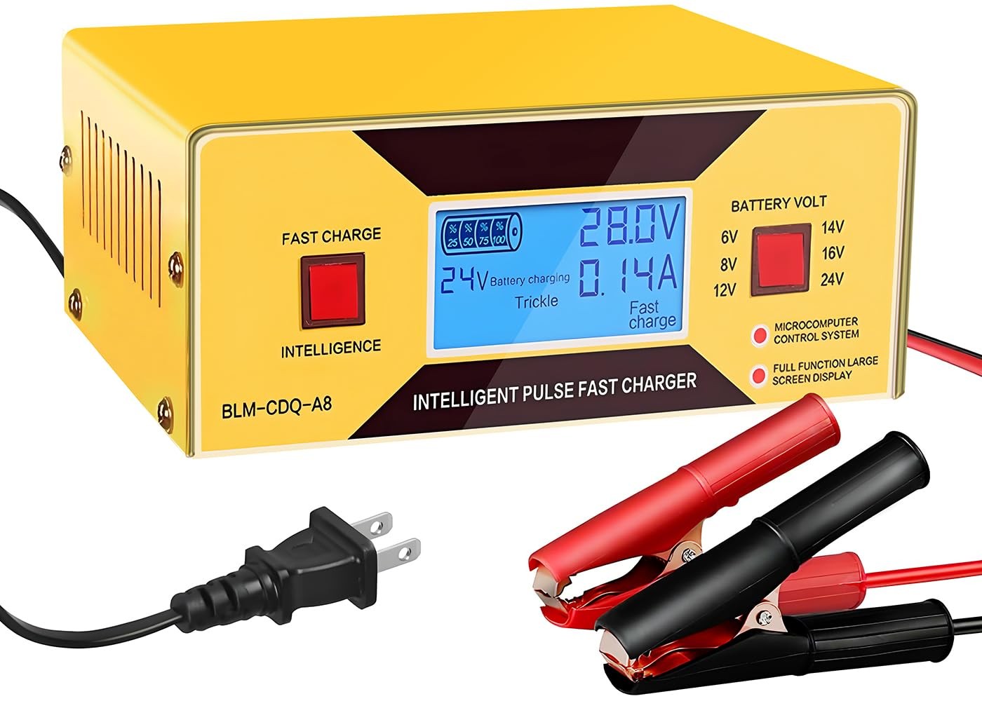 8V Battery Charger, Multi-Voltage 6V-8V-12V-14V-16V-24V-Yellow Charger