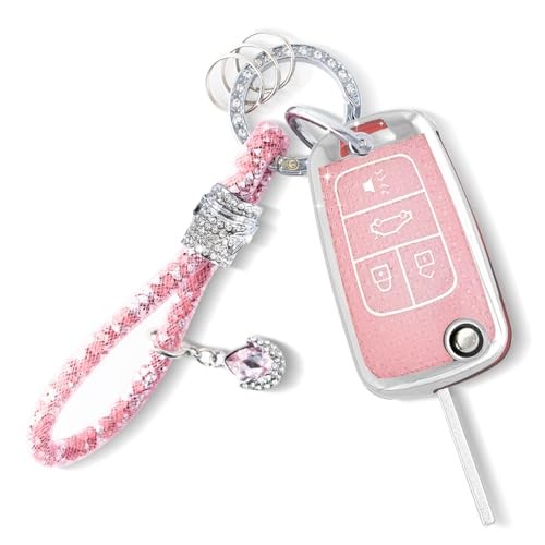 Key Fob Cover with Bling Keychain Fit for Chevy Flip Key, Car 4 Buttons S-pink