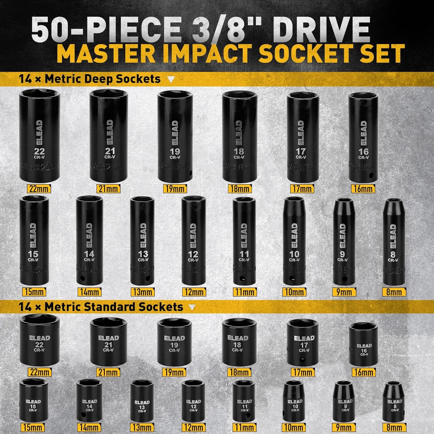 3/8'' Drive Impact Socket Set 50Pcs Shallow & Deep Socket Set Metric & Standard