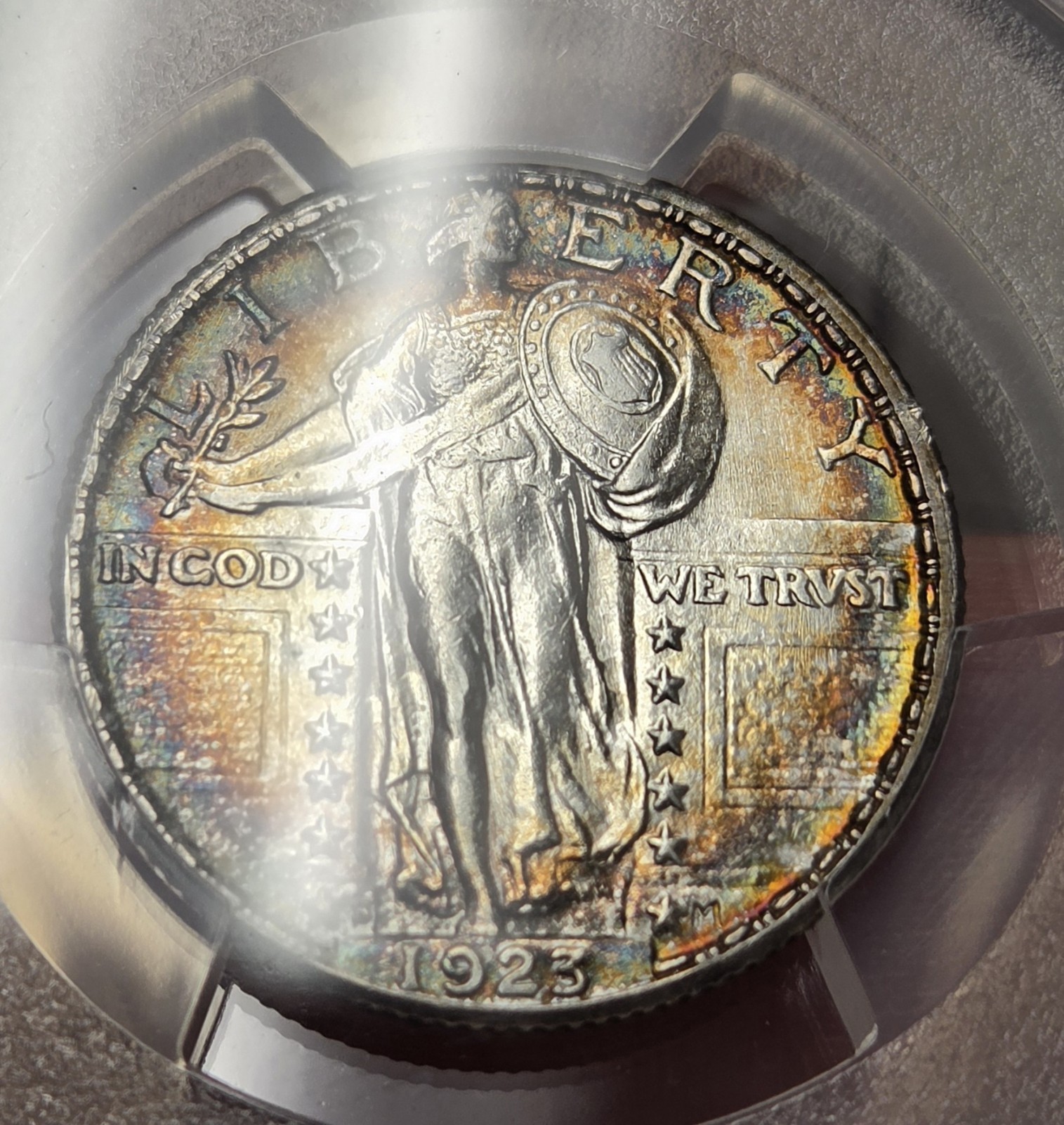 STUNNING 1923 S Standing Liberty Us Silver Coin PCGS Au Details Rainbow Toned