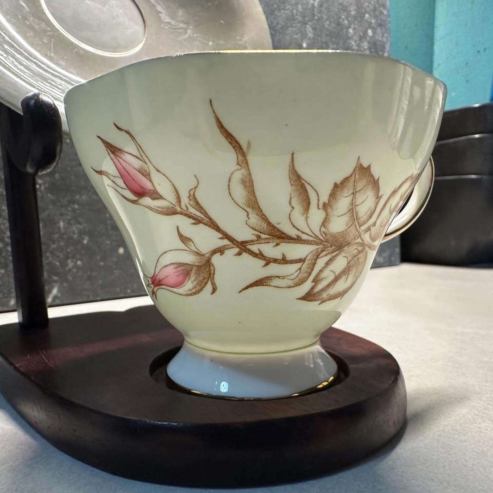 vintage Foley Shelley Tea cup and saucer green with pink roses #3255