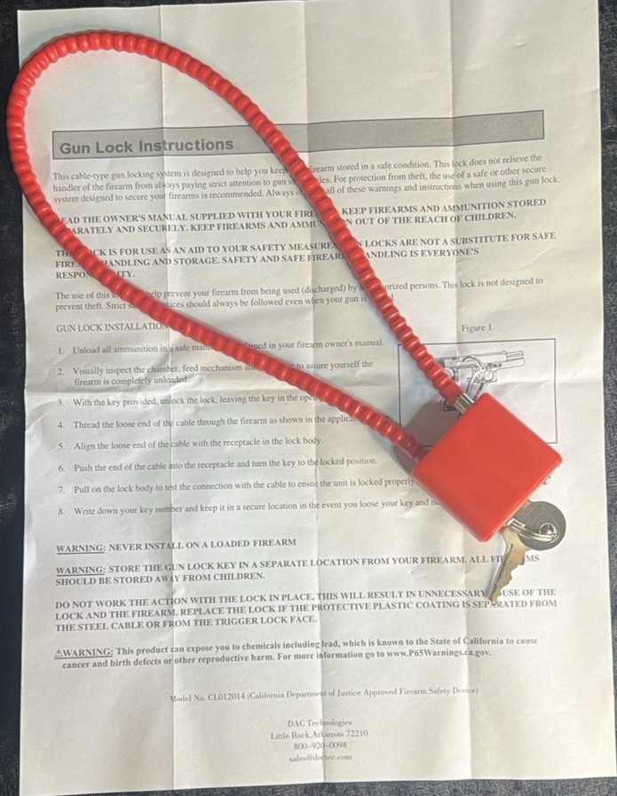 Cable Lock 15" California DOJ Approved Red CL012014 NEW 2 keys &Instructions