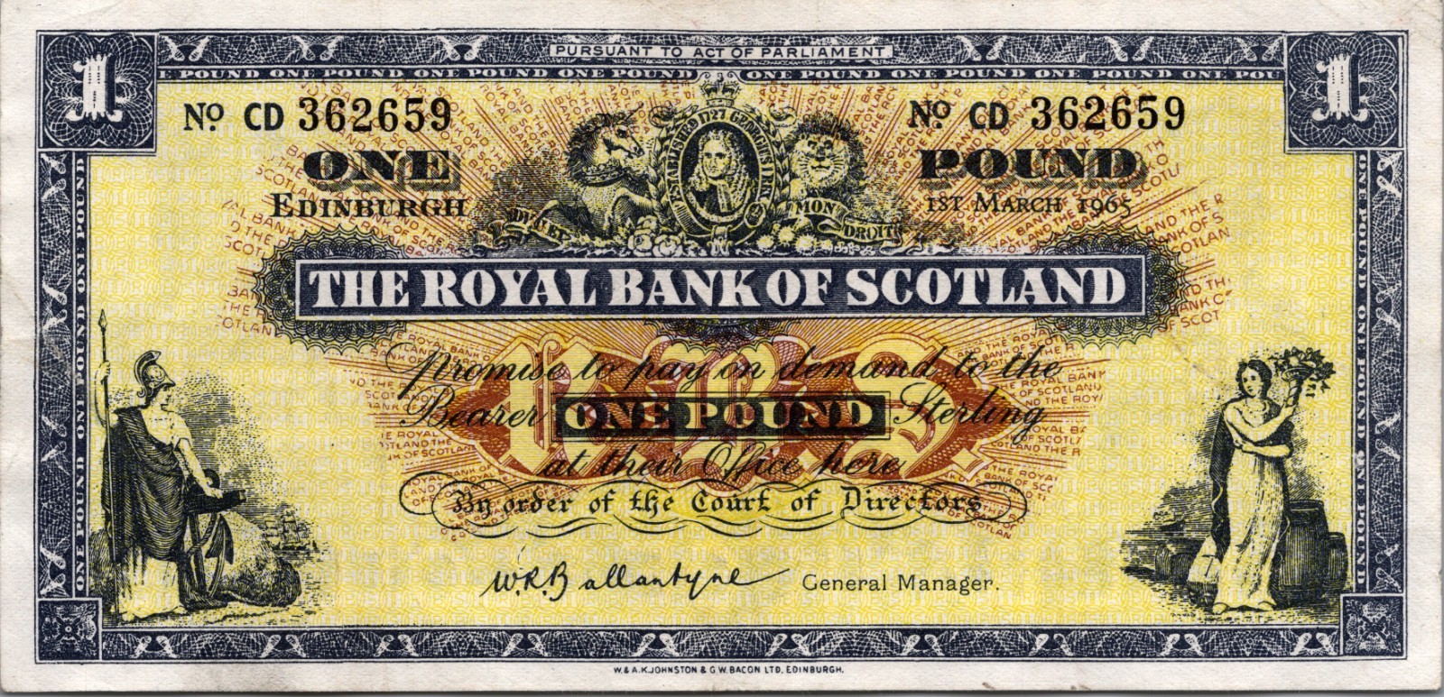 Scotland 1 Pound 1965 Pick# 325b XF-AU
