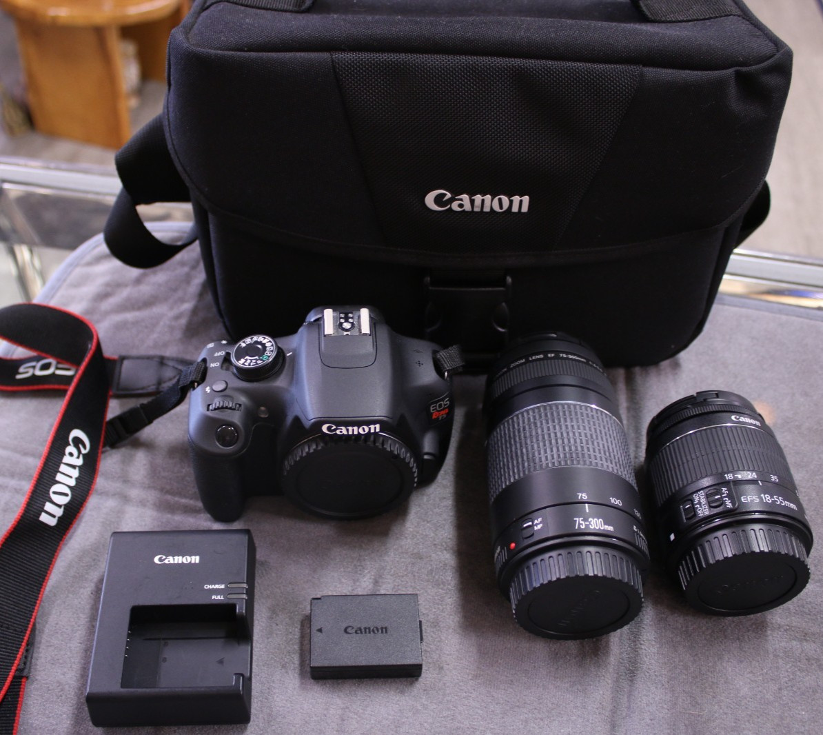 Canon EOS Rebel T5 DSLR Camera Bundle 18-55mm + 75-300mm Lenses Bag Charger