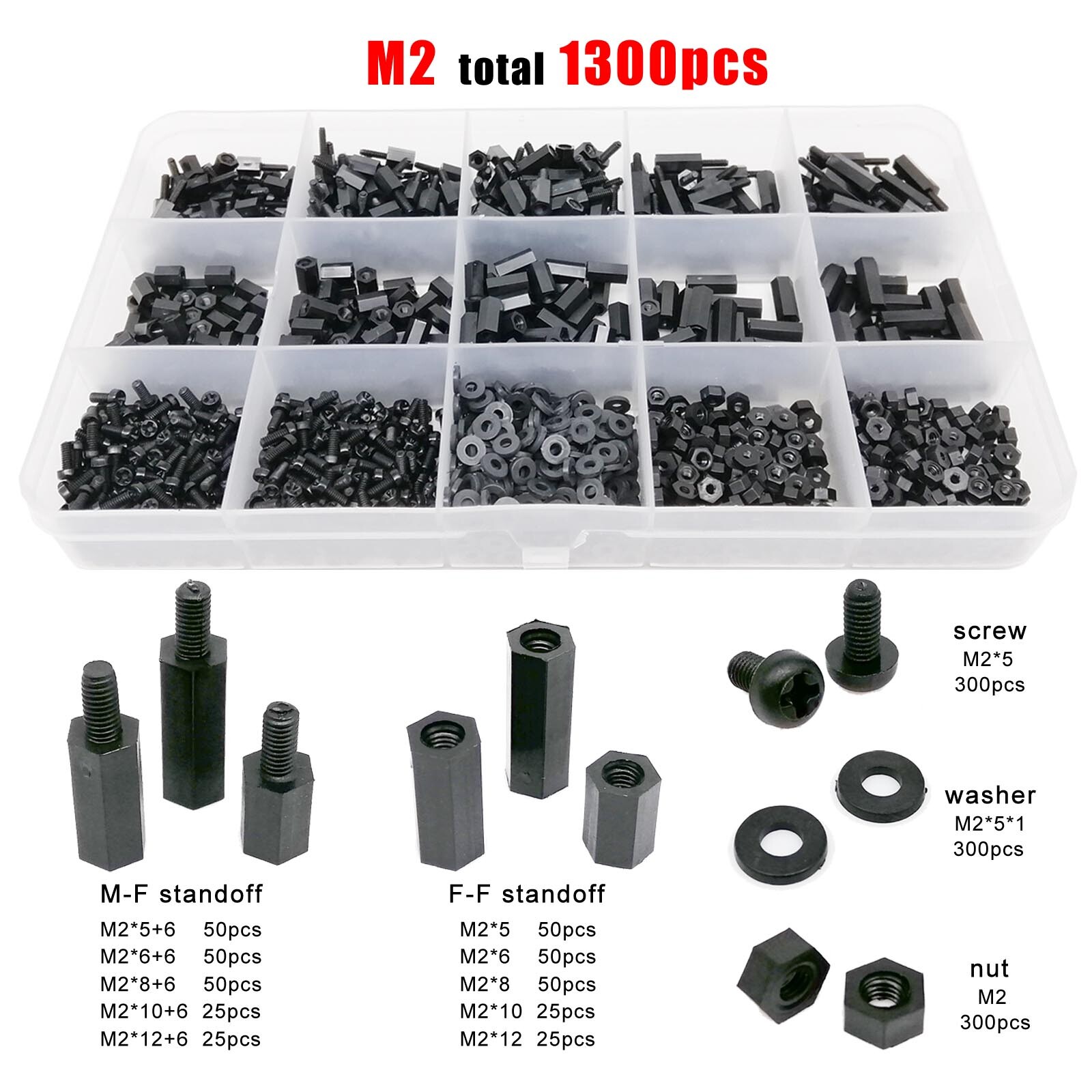 M2M3M4 Plastic Nylon Hex Hexagon Spacer Column Standoff Screw Nut Washer Kit Box