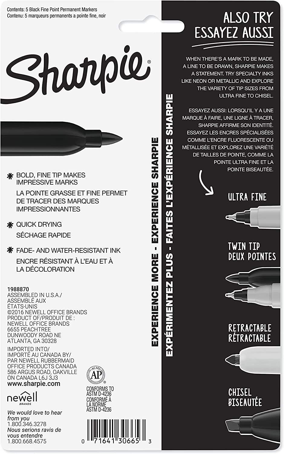 Sharpie Permanent Marker Fine Point, Black 5 pack (SAN30665)