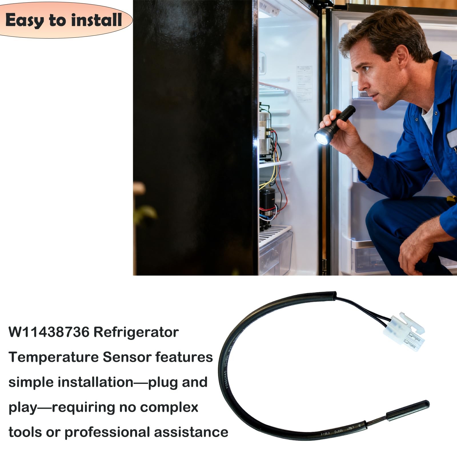 W11438736 Refrigerator Temperature Thermistor Probe Easy to Install