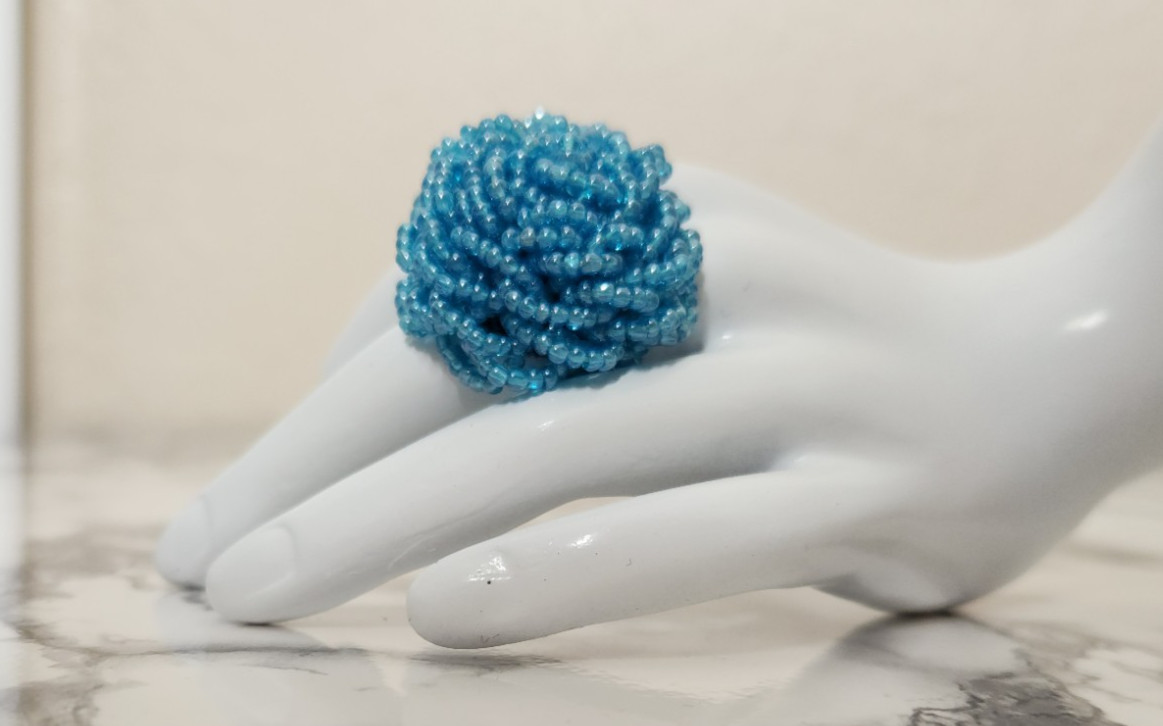 Peacock Blue Handmade Glass Seed Bead Cluster Ring Size 9
