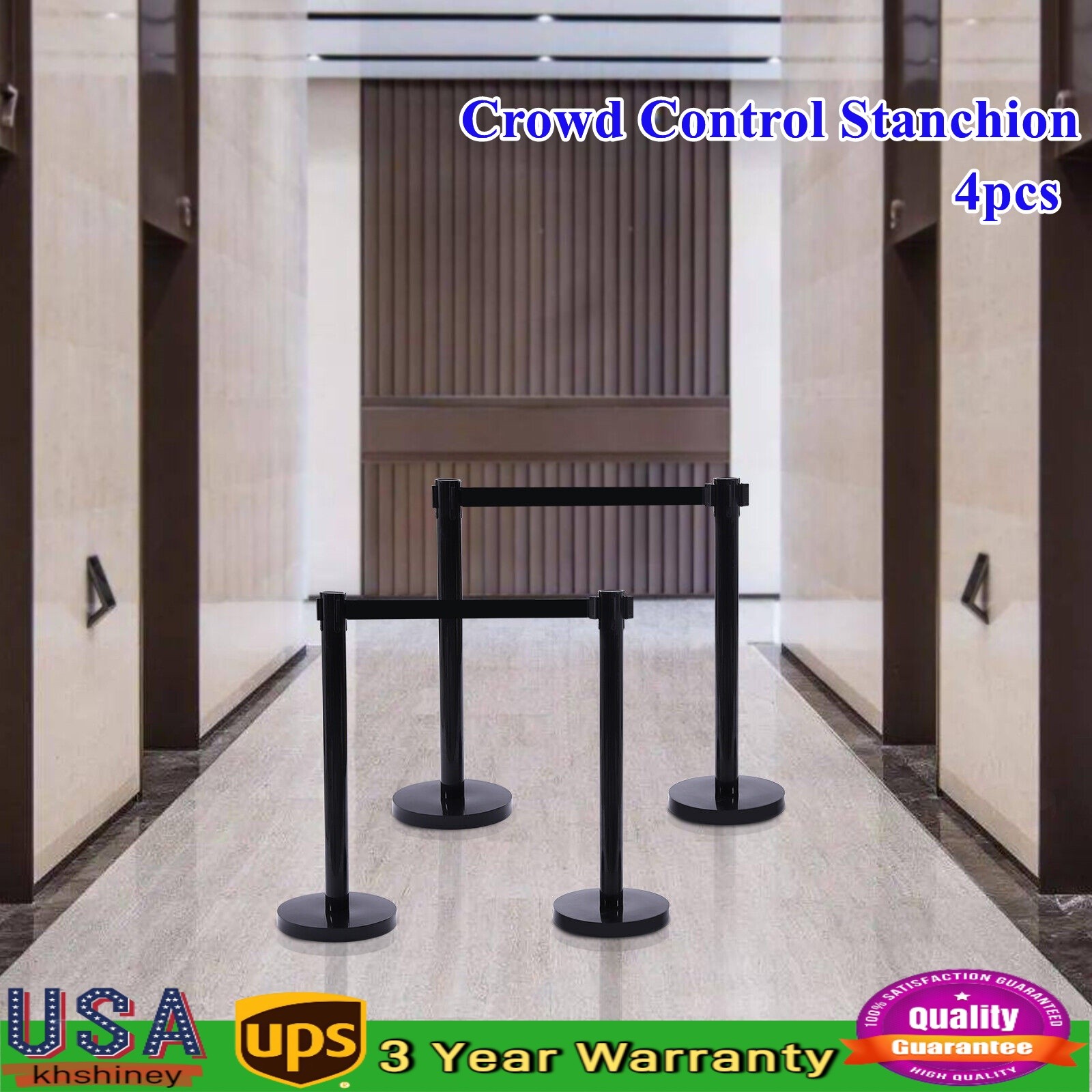 4PCS Crowd Control Stanchion Set Black Isolation Column 201 Stainless Steel Post