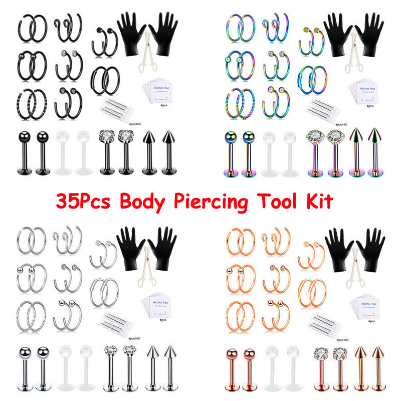 35Pcs Body Piercing Tool Kit Ear Nose Septum Labret Lip Ring Stud Jewelry Set