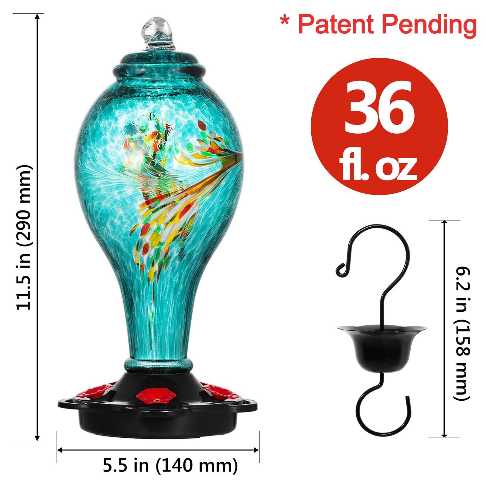 LUJII Hummingbird Feeder, Hand Blown Glass Large, Blue