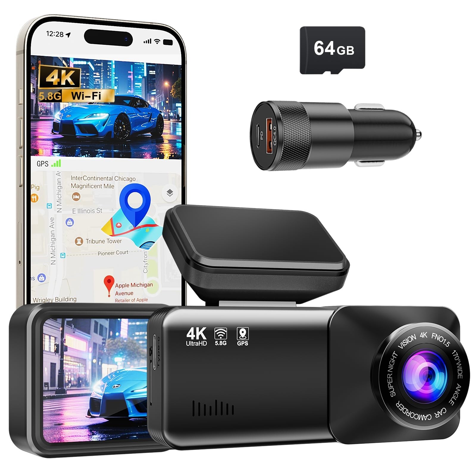 4K Dash Cam with WiFi, 64GB Card & Car Charger, Night Vision, Loop Recording, G-