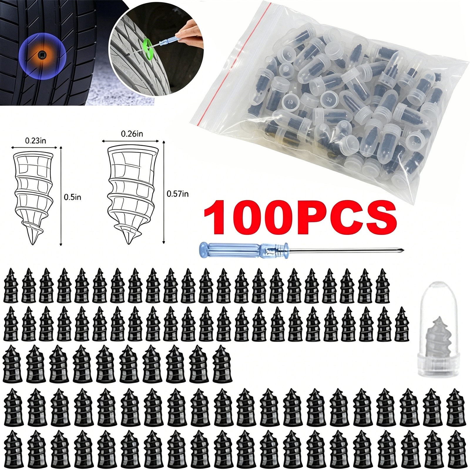 100X For Car Truck SUV Van Rubber Tire Nail Repair Kit Screw In Tire Plugs