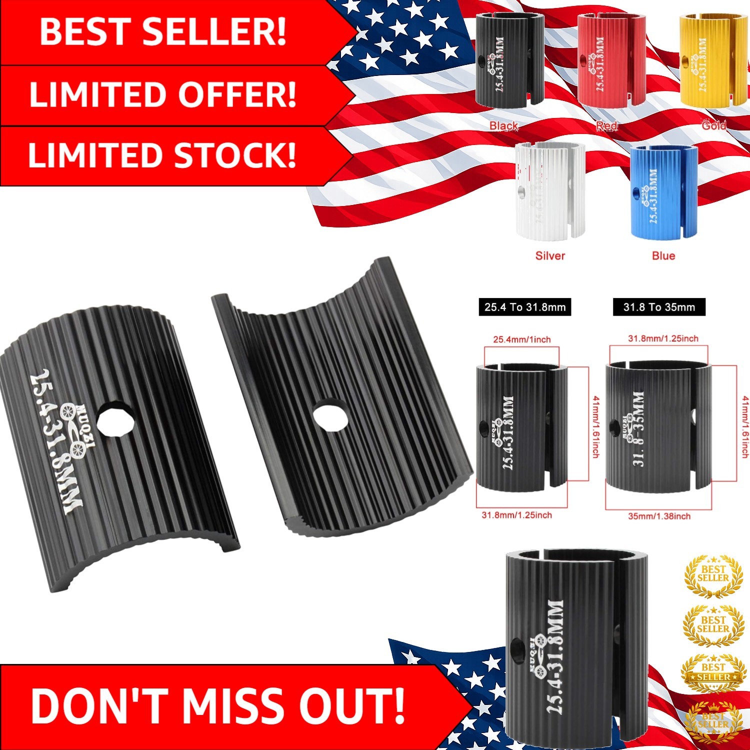 Versatile Bike Stem Reducer: 31.8mm to 35mm - Anodized Finish Available