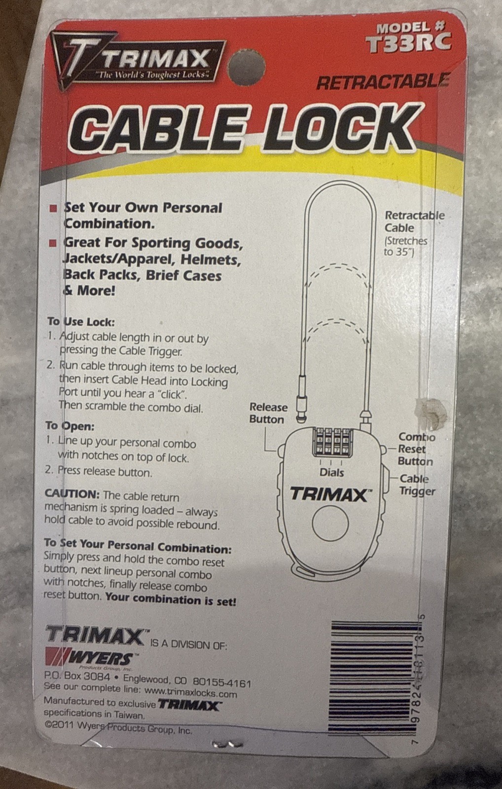 TRIMAX Retractable Cable Combination Lock T33RC
