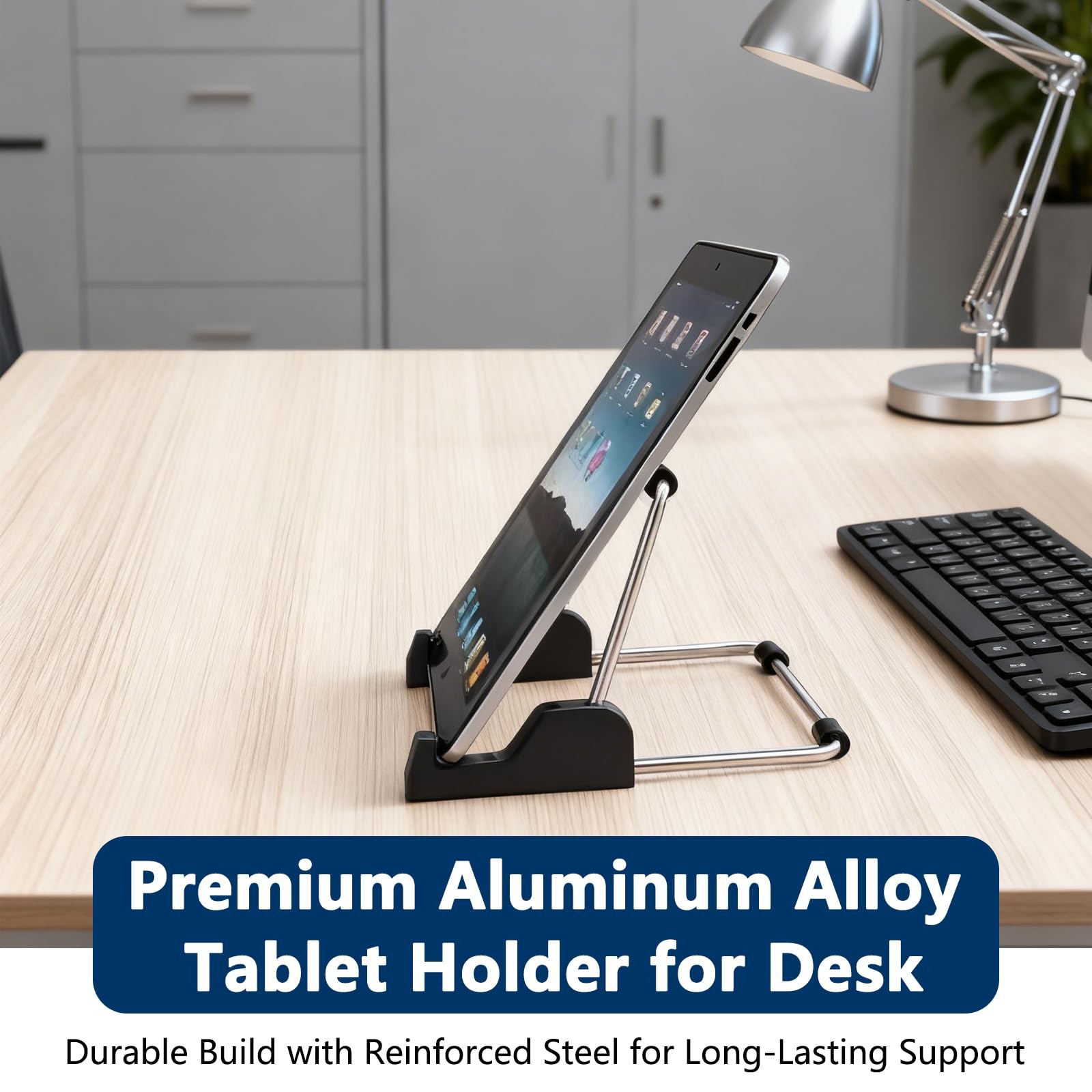 YAFIYGI Tablet Holder for Desk Large Adjustable Stand Silver and Black
