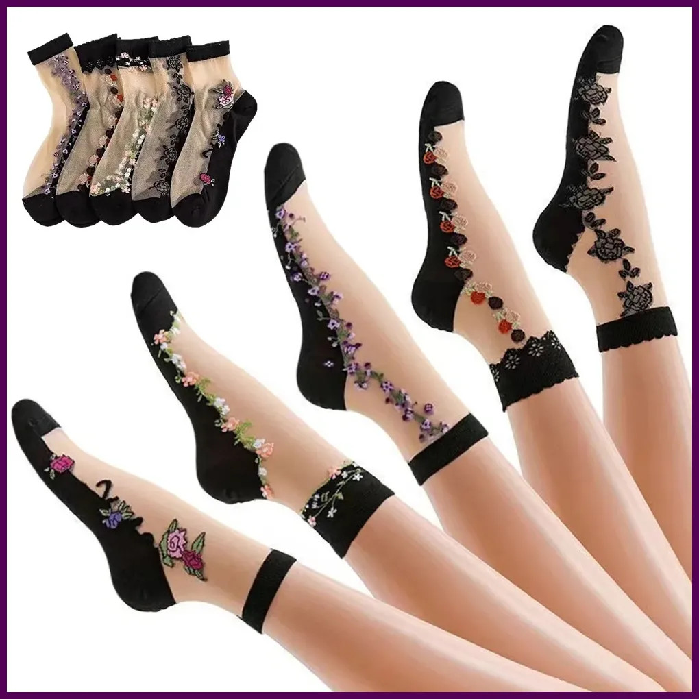 5 Pairs Women Summer Transparent Thin Socks Set Female Lady Floral Breathable