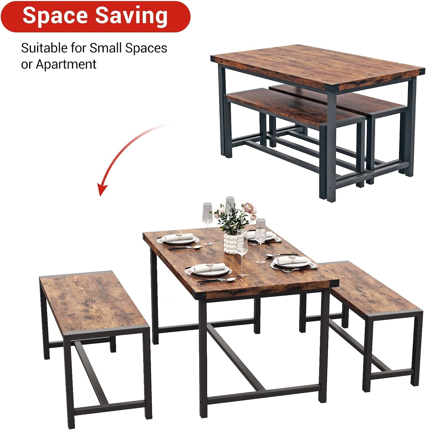 Dining Table with 2 Benches Industrial, 3 Piece Set for Small Kitchen Apartment