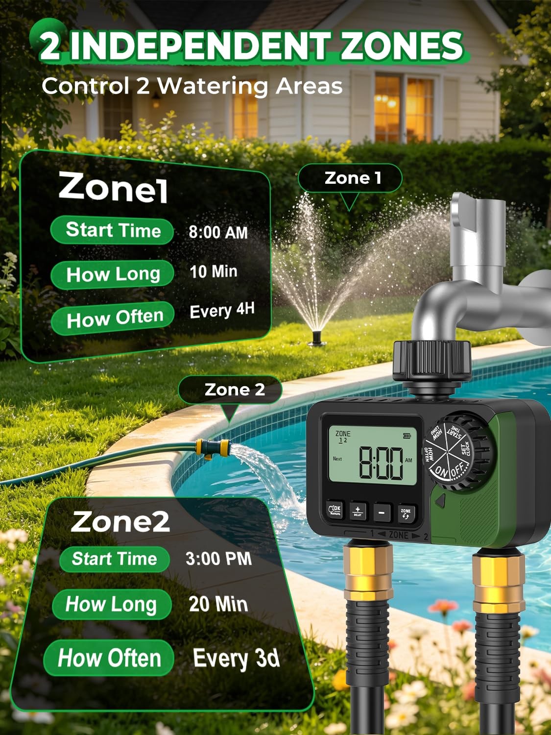 Sprinkler Timer 2 Outlets, Programmable Water Hose Small, Black + Olive Green