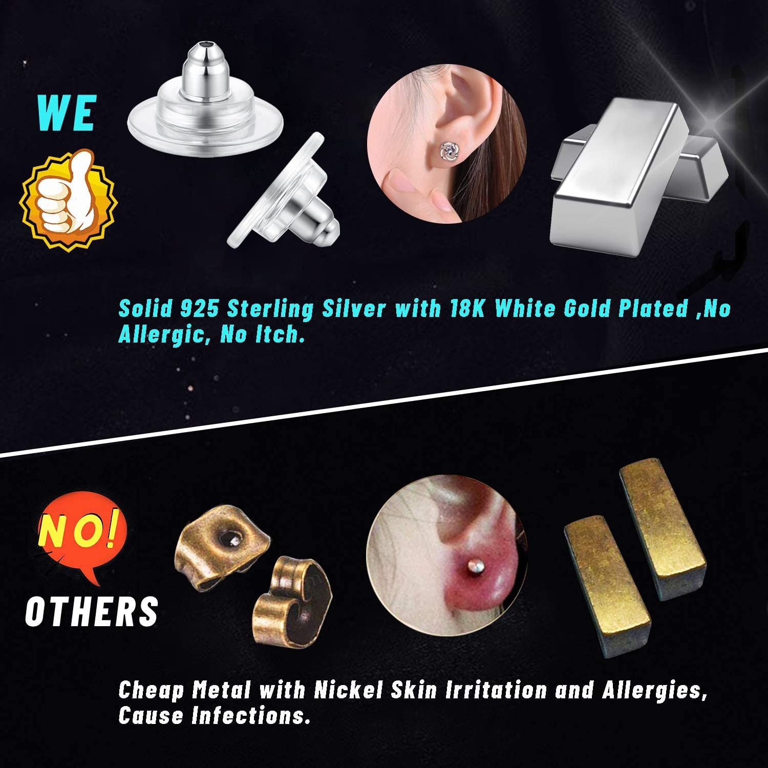 3 Pairs Sterling Silver Earring Backs, Adjustable Hypoallergenic Locking Fit ...
