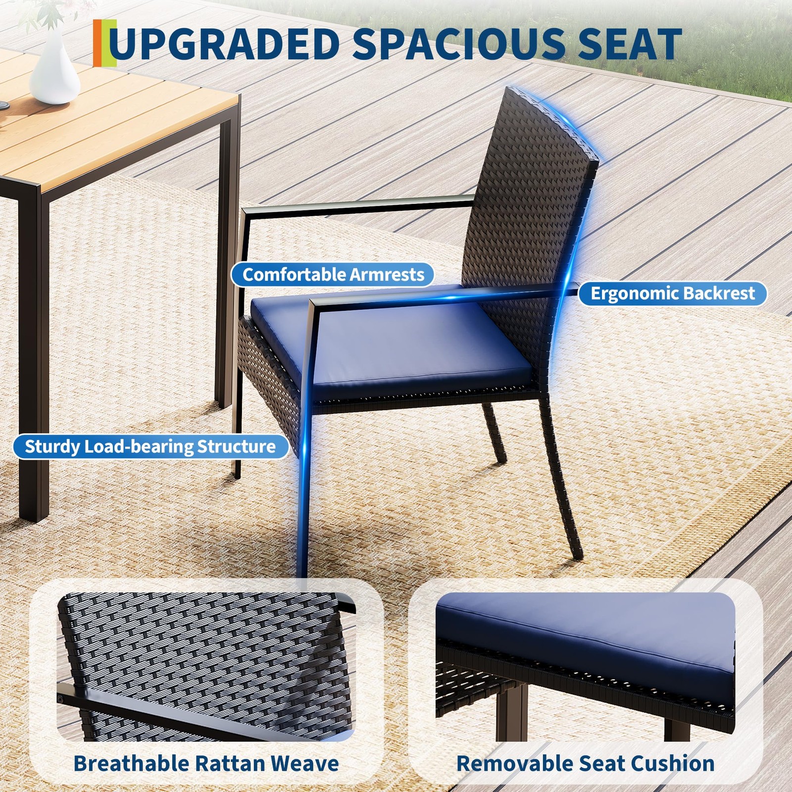 3PC Wicker Patio Dining Set with Table Chairs Umbrella Hole Cushion Black Blue