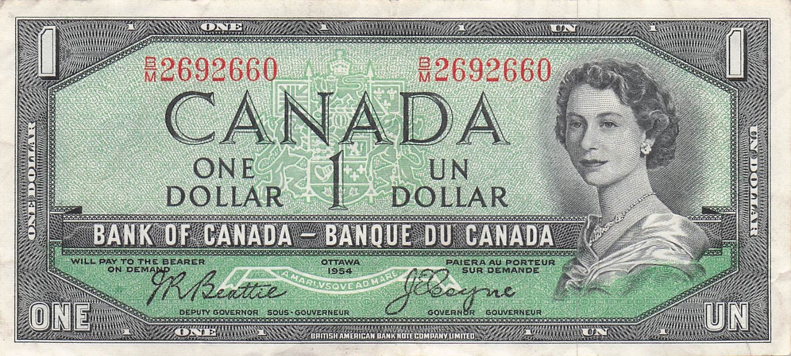 Canada  $1  Ottawa , 1954  Series  B/M  Que. II  Circulated Banknote HJA