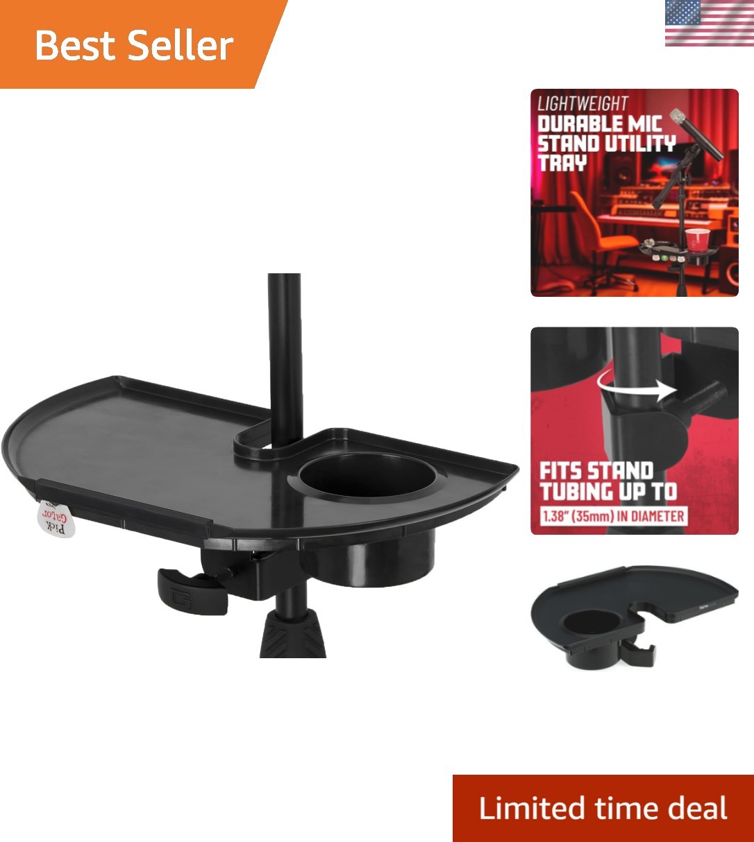 Microphone Stand Accessory Tray with Drink Holder and Guitar Pick Tab, 12" x ...