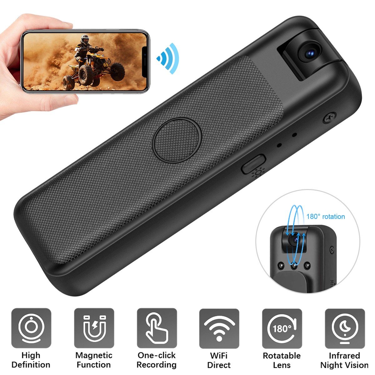 2-in-1 WiFi Camera Recorder 1080P Night Vision Magnetic Clip for Car