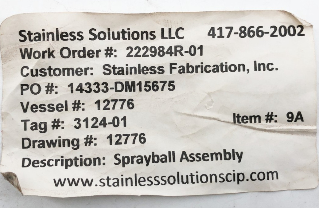 New Stainless Solutions 12776 Spray Ball Assembly - No Box