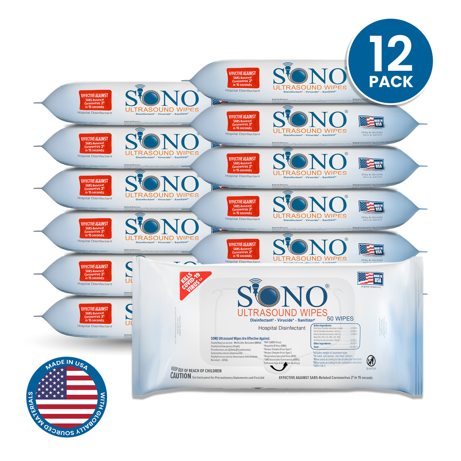 SONO Ultrasound Wipes - Case of 12 (50 Count) Soft Packs SONO4018