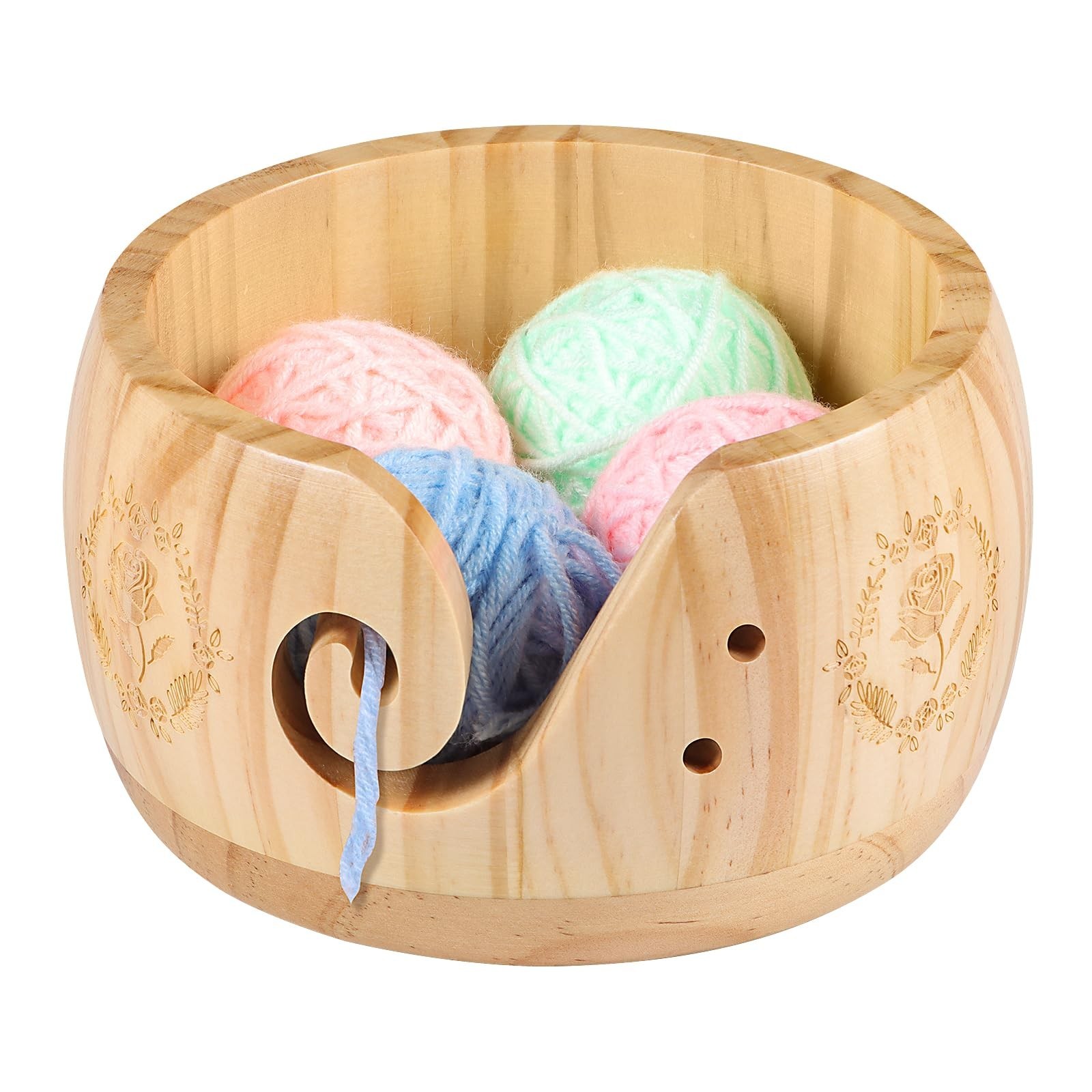 Wood Yarn Bowl, Knitting Yarn Bowl with Holes, Wooden Yarn Bowl for Crochetin...