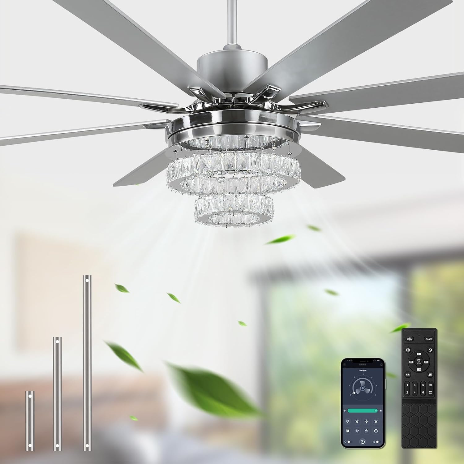 72" Chrome Crystal Ceiling Fan with Lights & Remote, 6-Speed Reversible Motor